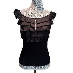 Bebe VNTG 100% Silk Top Blouse medium Black Ruffle key hole Neck Sexy Y2K  boho